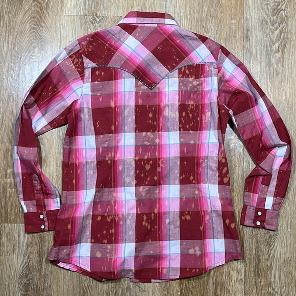 Wrangler EUC Pearl Snap Button Front Long Sleeve Western Shirt Pink Plaid Medium - Picture 6 of 11